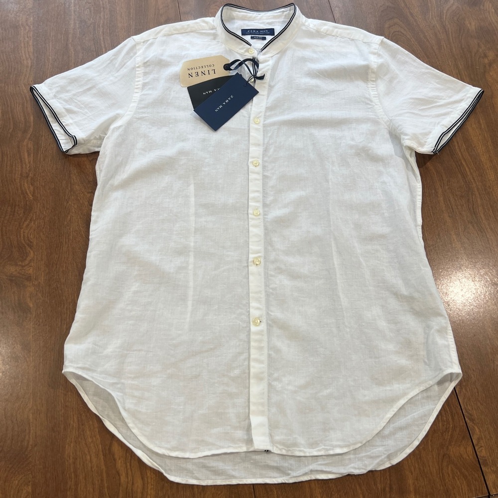 Zara Man White Linen Blend Band Collar Slim Fit Short Sleeve Shirt XL NWT